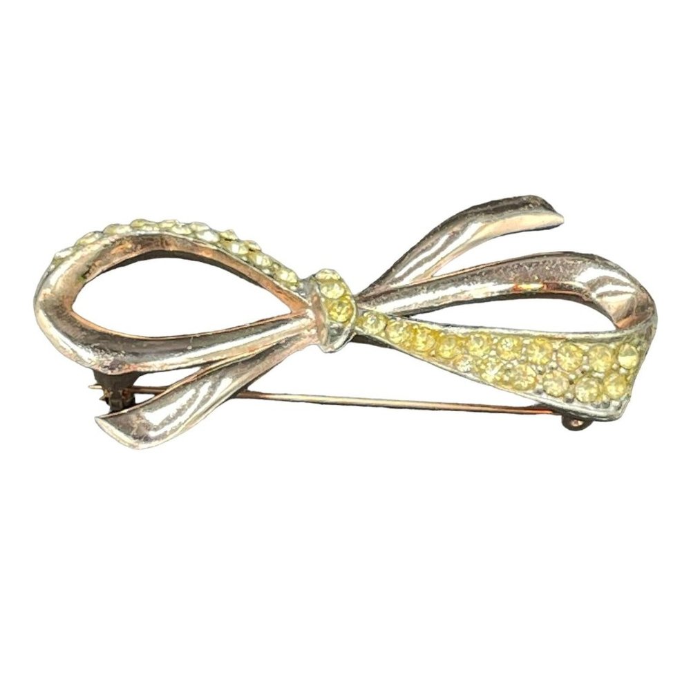 Vtg Brooch Pin Gold Tone Metal Bow Shaped Yellow Rhinestones Crystal 2.5”